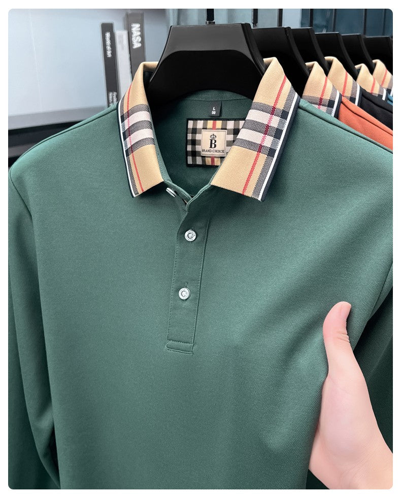 Luxury brand long sleeve polo shirt men comfortable casual autumn item silk cotton high-end Korean fashion plaid lapel T-shirt
