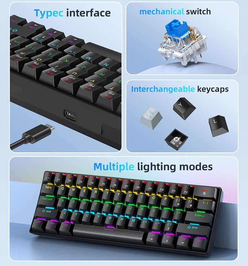 Teclado Mecânico RGB de 61 Teclas com Fio K61 Mini Teclado Portátil 60% Preto, Branco, Switches Vermelho/Azul para Jogos/Trabalho