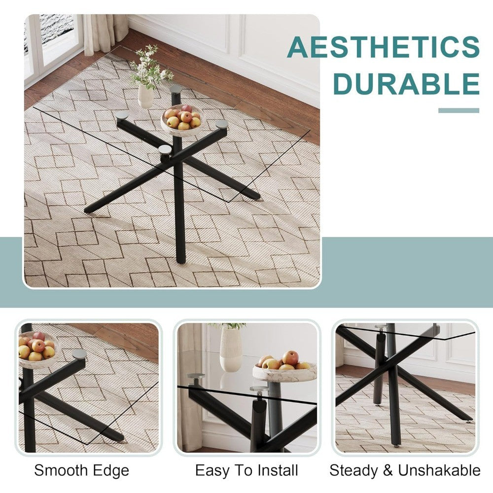Rectangular Black Glass Dining Table, 63 Long, Seats 6-8, Tempered Glass Surface, Metal Frame, Suitable for Kitchen or Dining Ar