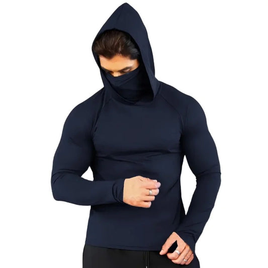 Men Compression t Shirt Soild Casual t-Shirt Long Sleeve Fitness Tops Running Gym t-Shirts Hooded Shirts With Mask Male Clothes