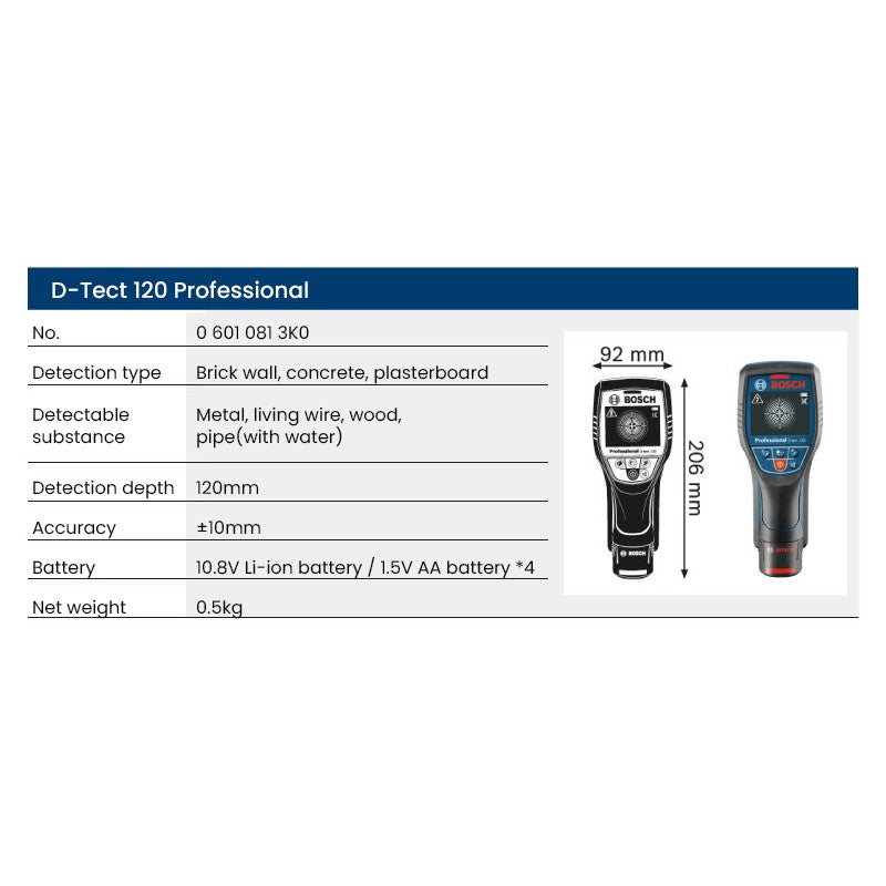 BOSCH D-TECT 120 Detector de metais Scanner Display digital profissional Detector de parede Localizador de pinos para cabo, cano de água, madeira, metal