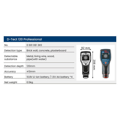 BOSCH D-TECT 120 Detector de metais Scanner Display digital profissional Detector de parede Localizador de pinos para cabo, cano de água, madeira, metal