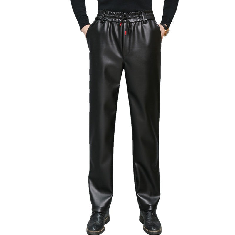 Men's Loose High-Waisted Fce-Lined Thiened Motorcycle Leather Pants Windproof Waterproof Busin Casual Long Trousers