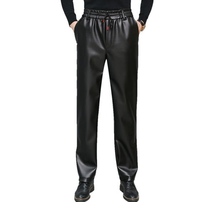 Men's Loose High-Waisted Fce-Lined Thiened Motorcycle Leather Pants Windproof Waterproof Busin Casual Long Trousers