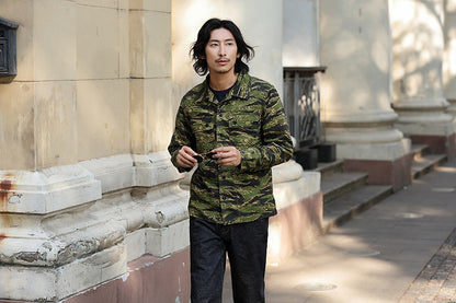 2025 Spring Men's Tiger Stripe Camo Camouflage Cargo Shirt Fashion Work Engineer Long Sleeved Shirt Jacket With Double Pockets
