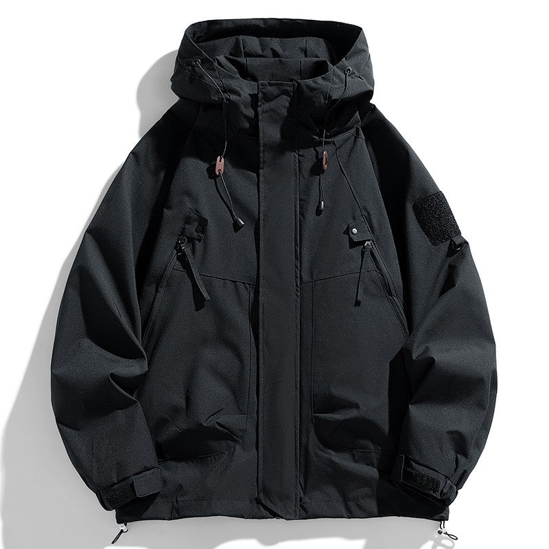 Windbreakers Men Hooded Jacket Zipper Coat Cargo Waterproof Black Bomber Camping Loose Thin Softshell Hooded Hiking Jacket