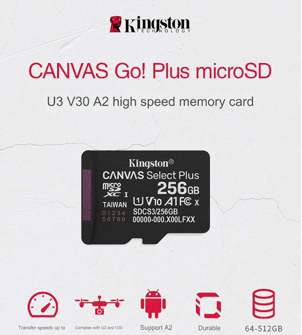 Cartão de Memória Kingston 128GB 256GB MicroSD TF 64GB U1 V30 A1 MicroSD SDCS2 100Mb Velocidade de Leitura Classe 10 Flash Micro Card para Celular