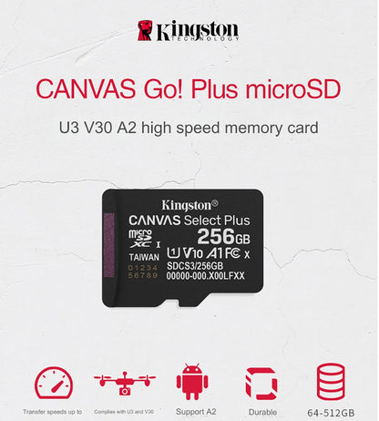 Cartão de Memória Kingston 128GB 256GB MicroSD TF 64GB U1 V30 A1 MicroSD SDCS2 100Mb Velocidade de Leitura Classe 10 Flash Micro Card para Celular