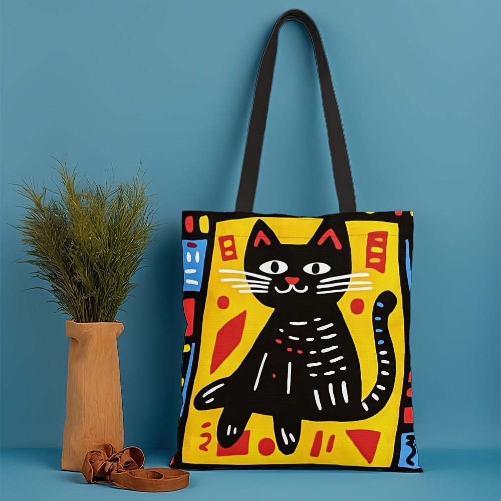 1pc Graffiti Cat Polyester Tote Bag, Durable Rectangle Shopping Bag, Ideal for Easter, Ramadan
