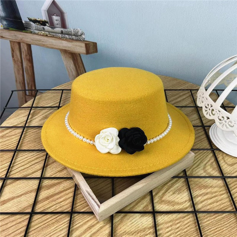 Chapéu Fedora Feminino Corrente Floral Alta Costura com Alfinetes de Pérola Boné em Relevo Preto Branco Outono Inverno Chapéu de Aba Larga para Meninas