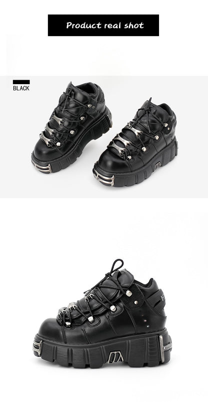 2025 New Brand Punk Style Women Shoes Lace-up heel height 6CM Platform Shoes Woman Rock Boots Metal Decor Woman Sneakers