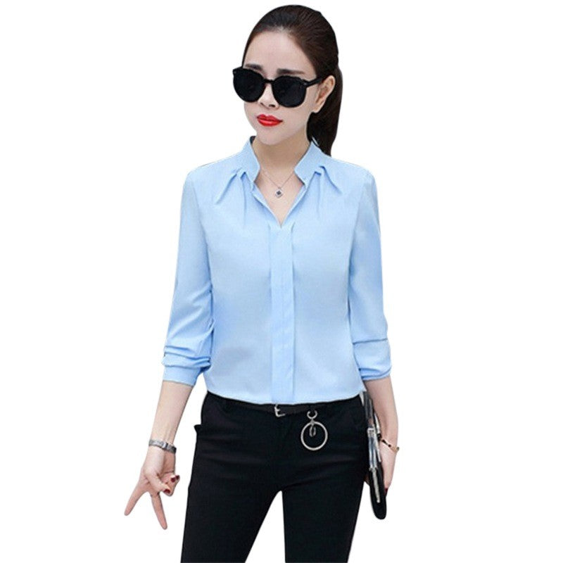 Autumn Spring Fashion Sexy V-Neck Shirt Women OL Formal Long Sleeve Chiffon Blouse M-2XL