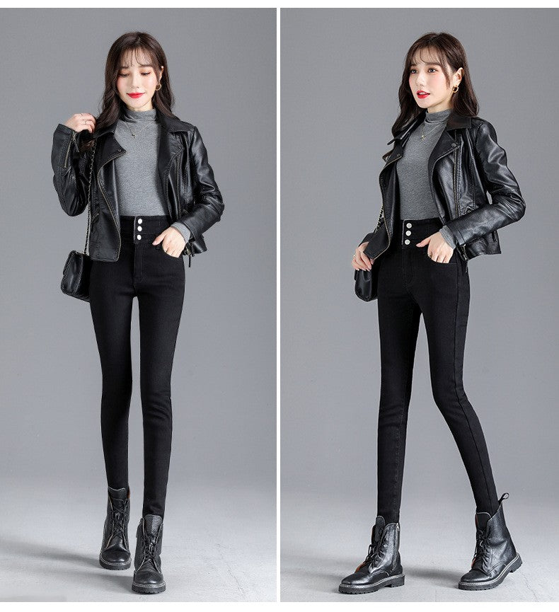 Autumn Winter Skinny Jeans Fashion Women Thermal Fleece High Waist Stretch Warm Pencil Pants Casual Velvet Button Denim Pant
