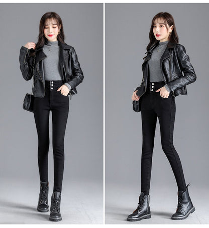 Autumn Winter Skinny Jeans Fashion Women Thermal Fleece High Waist Stretch Warm Pencil Pants Casual Velvet Button Denim Pant