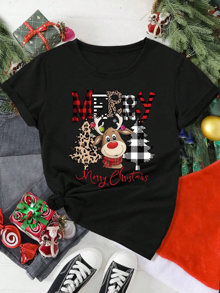 Casual Women Christmas T Shirt Fashion Cute Deer Leopard Christmas Tree Print T-shirt Cartoon Printed Short Sleeve Female T-Shir