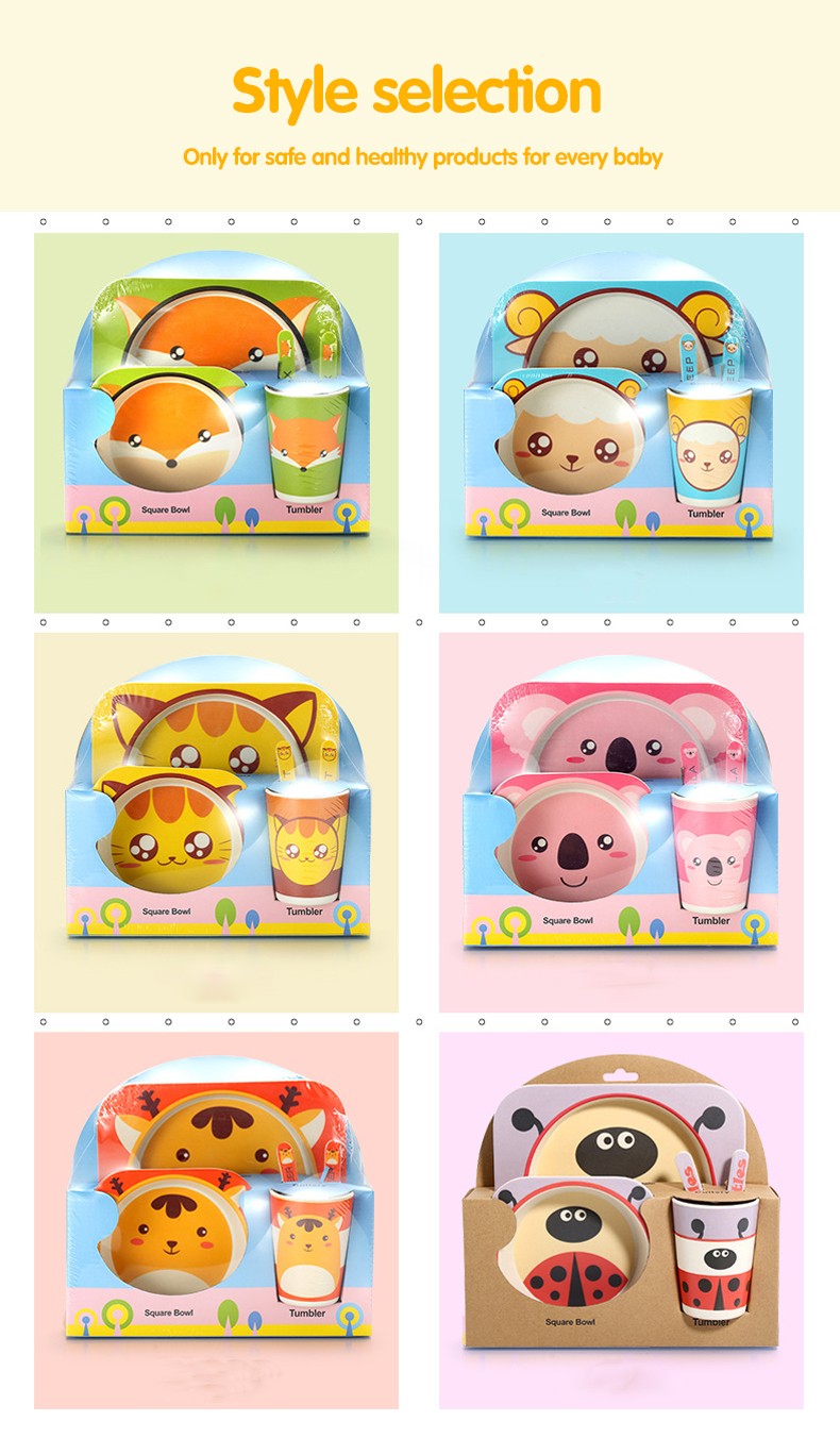 Baby Natural Bamboo Fiber Tableware Bowl Baby Feeding Plate Children Cute Cartoon Bowl Set