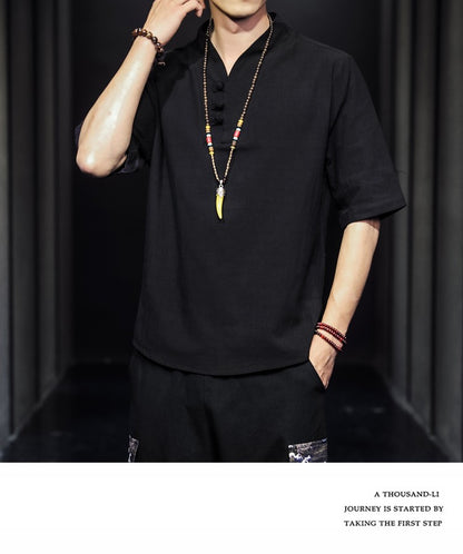 2023 Men Summer Cotton Linen Tang Shirt Men Chinese Style Button Short-Sleeved Shirts Male Blouse Vintage Kung Fu Hawaiian Shirt