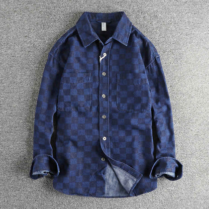 Spring Japanese Retro Long Sleeve Lapel Denim Plaid Cargo Shirts Men's High Street 100% Cotton Washed Loose Casual Thin Jacket