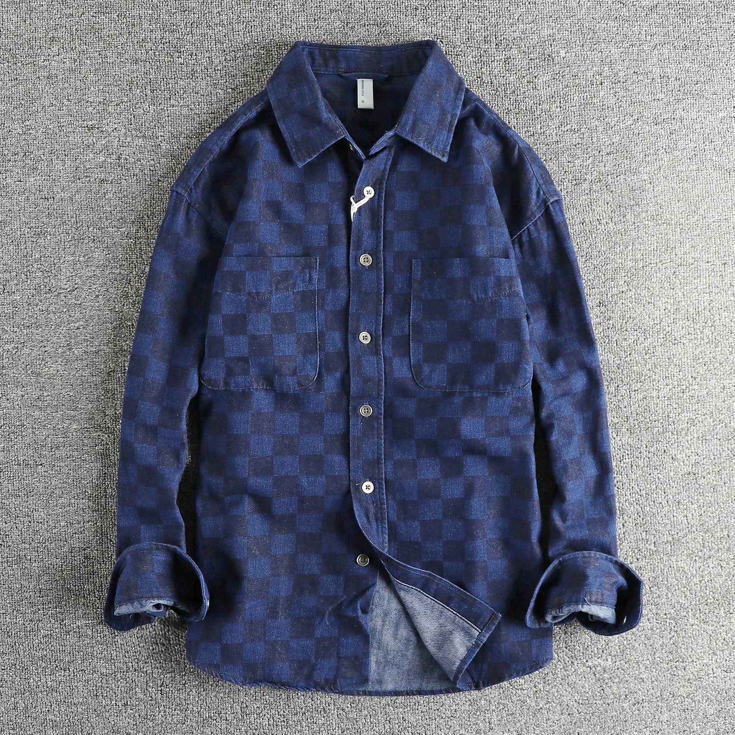 Spring Japanese Retro Long Sleeve Lapel Denim Plaid Cargo Shirts Men's High Street 100% Cotton Washed Loose Casual Thin Jacket