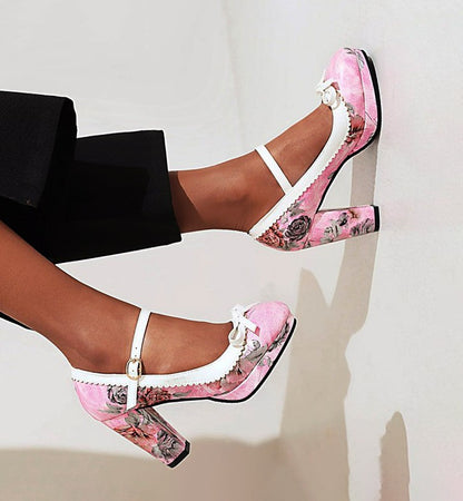 LIHUAMAO 2024 New design print flower Mary jane shoes platform pumps ankle strap round toe pumps party cosplay Ethnic style