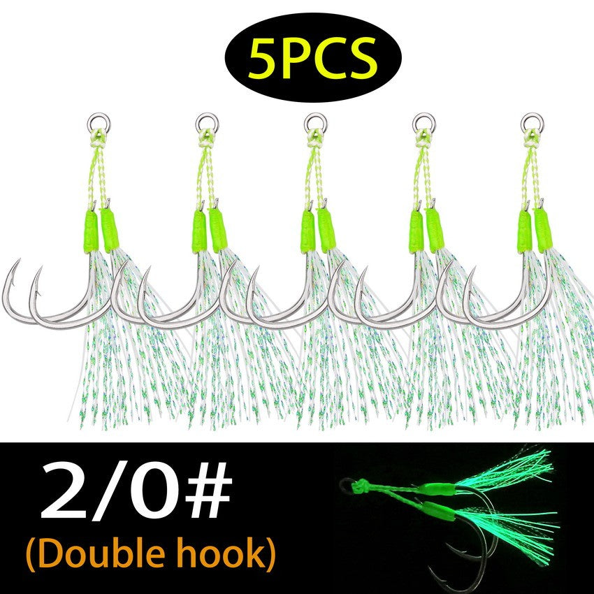 Anzóis Jig Assist 5 Peças, Linha de Aço Inoxidável de Alta Resistência, Tubo Luminoso, Pena, Anel Sólido, Anzol de Jigging, Anzóis de Pesca de Barco