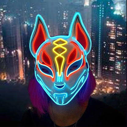 LED Fox Mask Neon Light Up Japanese Kitsune Mask for Halloween Cosplay Party Rave Festival Costume Glowing EL Wire Masque