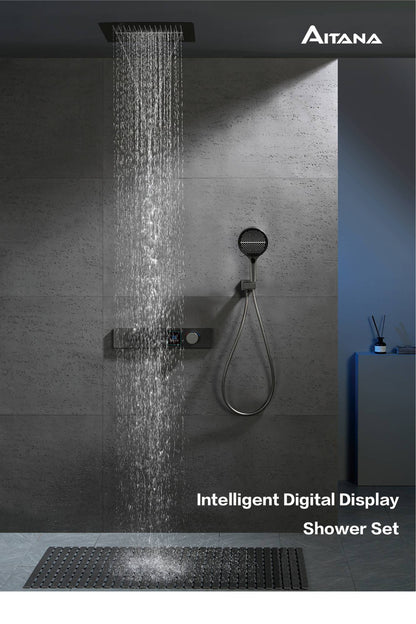 Luxury gun gray brass shower system with LED digital display design Wall mounted constant temperature 3-function bathroom faucet