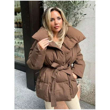 Solid Lapel Lace Up Cotton Coat Women Fashion Long Sleeve Warm Loose Pocket Short Coats Lady New Winter Commute Street Outwears
