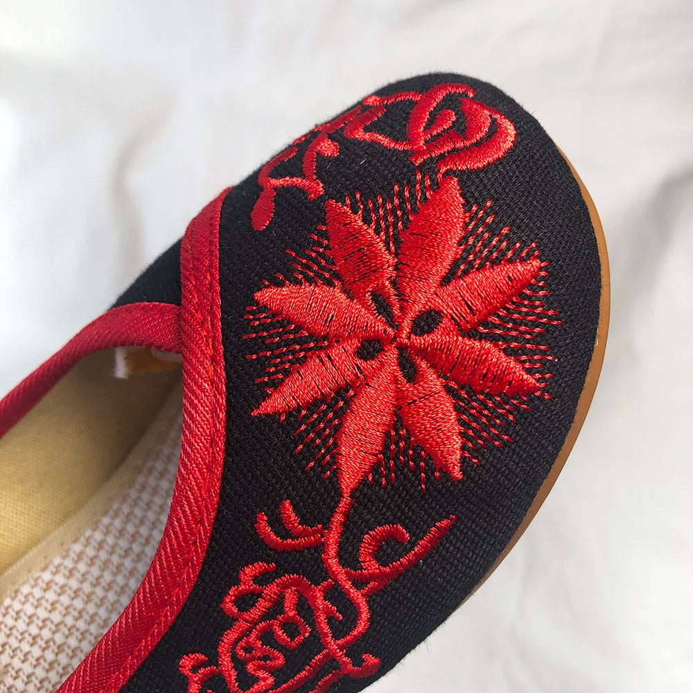 Veowalk Sunflower Embroidered Women Canvas Ballet Flats Ankle Strap Ladies Casual Cotton Chinese Embroidery Ballerina Shoes