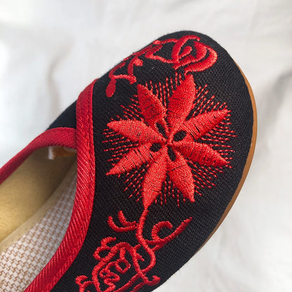 Veowalk Sunflower Embroidered Women Canvas Ballet Flats Ankle Strap Ladies Casual Cotton Chinese Embroidery Ballerina Shoes
