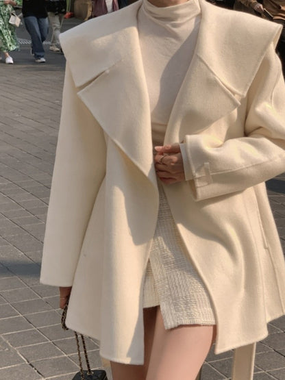 Winter Woolen Coat Women Chic Navy Collar Belted Waist Cinched Midi Length Tweed Trendy Korean Sle Commute Long Sve