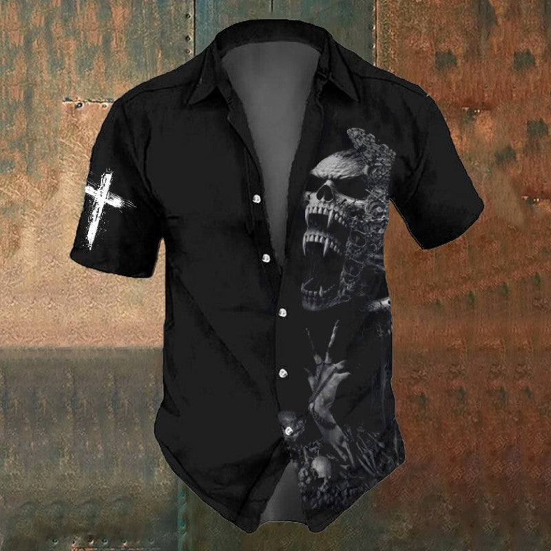 3d Skull Icon Print Hawaiian Short Sleeve Shirt For Men Skull Shirts Retro Casual Black Man Shirts Loose Oversized T-Shirt 2024