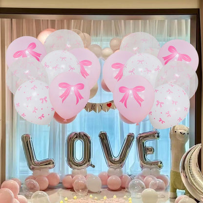 50/10pcs Bow Theme Latex Balloon 12 Inches Bowknot Print White Balloons for Kids Girls Birthday Baby Shower Wedding Party Decor