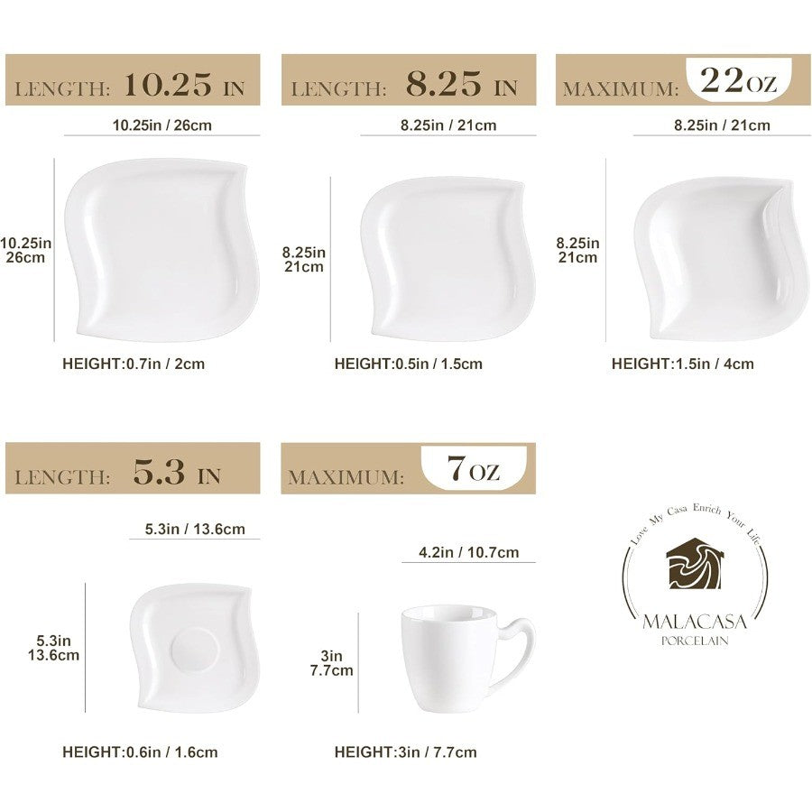 Conjuntos de Louça de 30 Peças, Pratos e Tigelas Brancos Marfim para 6 Pessoas, Conjunto de Louça de Porcelana com Jogo de Pratos Rasos, Kit de Xícaras e Pires, Cozinh