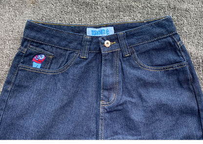 Y2K Embroidery Baggy Boy Jeans Women Streetwear Gothic Cartoon Blue Straight Jeans Retro Punk Rock High Waist Denim Trousers