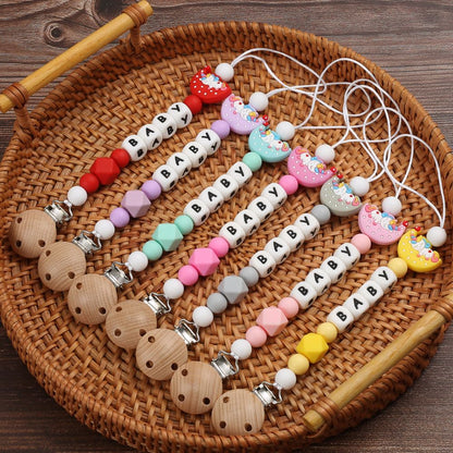 Personalized Name Baby Pacifier Clips Cartoon Moon Silicone Teether Nipple Chain For Nursing Chew Toys Baby Dummy Holder Chain
