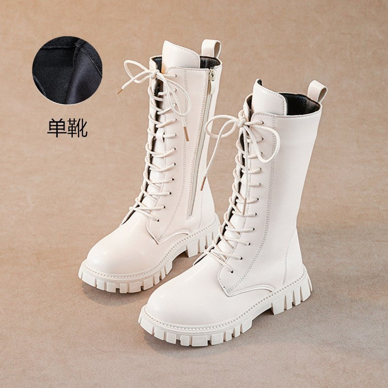2025 Autumn/Winter  Fashion Cool Baby Girls Warm Square Heel Round Toe Casual Lace-Up Comfortable Kids Black Mid Boots