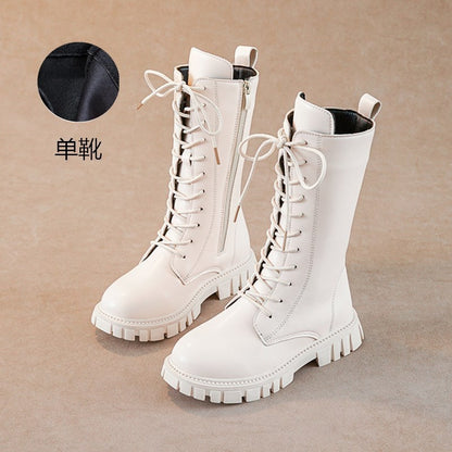 2025 Autumn/Winter  Fashion Cool Baby Girls Warm Square Heel Round Toe Casual Lace-Up Comfortable Kids Black Mid Boots
