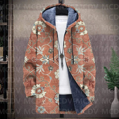 Men's Retro Flower Print Plush Thick Long-Sleeved Coat Fleece Hooded Overcoat Unisex Thick Warm Jacket-12 style