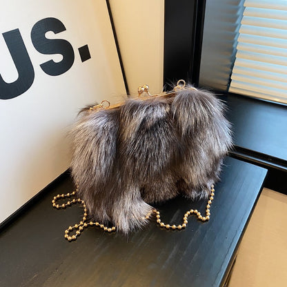 MOODS Soft Plush Evening Bags For Elegant Women Fox Fur Dinner Party Clutch Chain Crossbody Winter Warm Luxury Designer Handbags