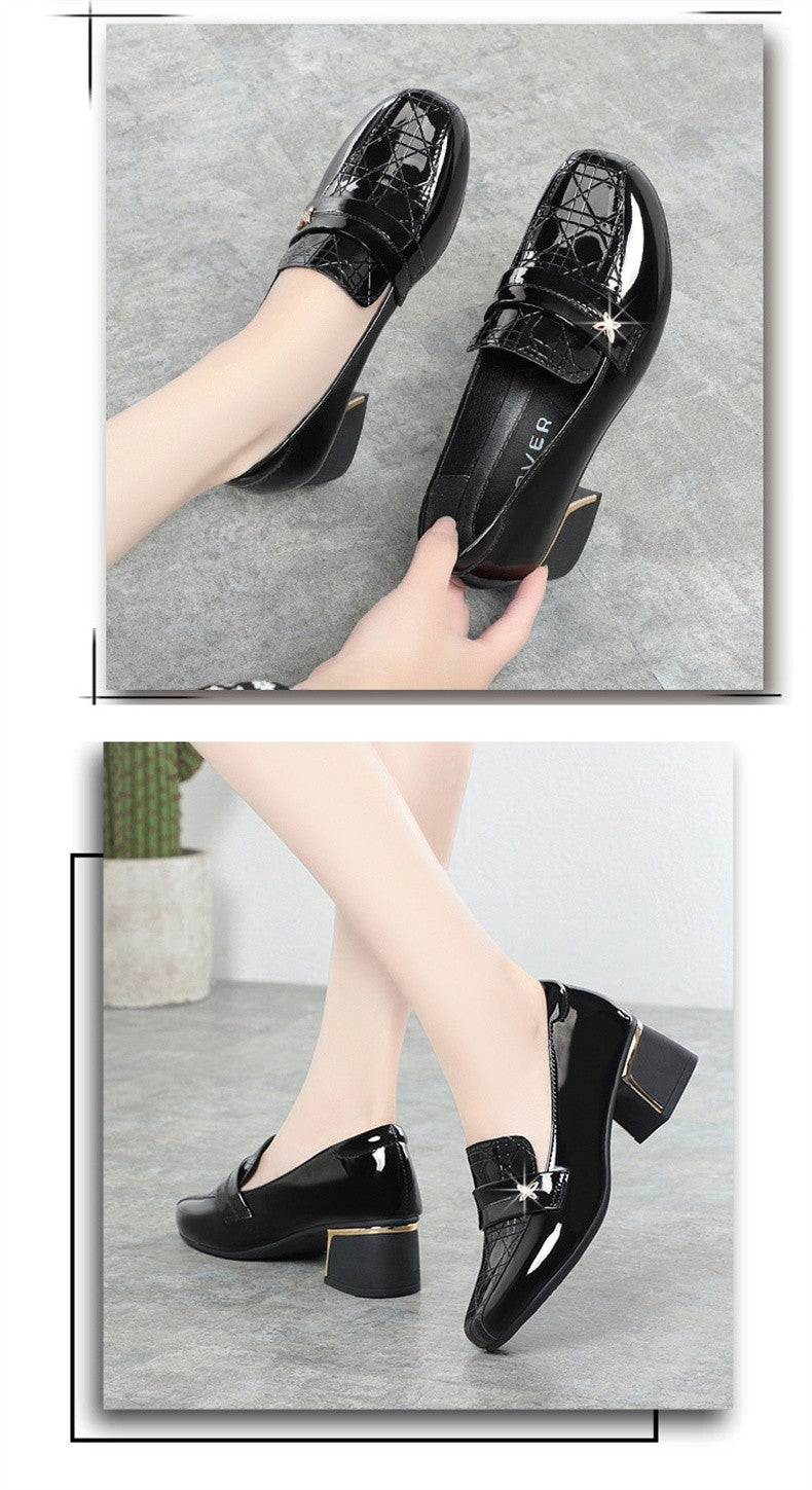 4.5cm British Style Deep Mouth Block Heels Shoes Women Loafers Bright Leather 2024 Spring Soft Leather Shoes for Office Mom