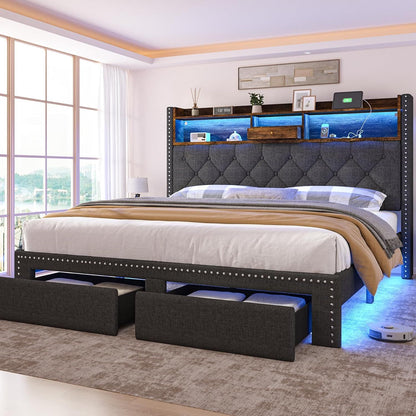 Linen Full Size Bed Frame with 2-Tier Storage Headboard and Charging Station, Upholstered Platform Bed Frames with 2 Sto