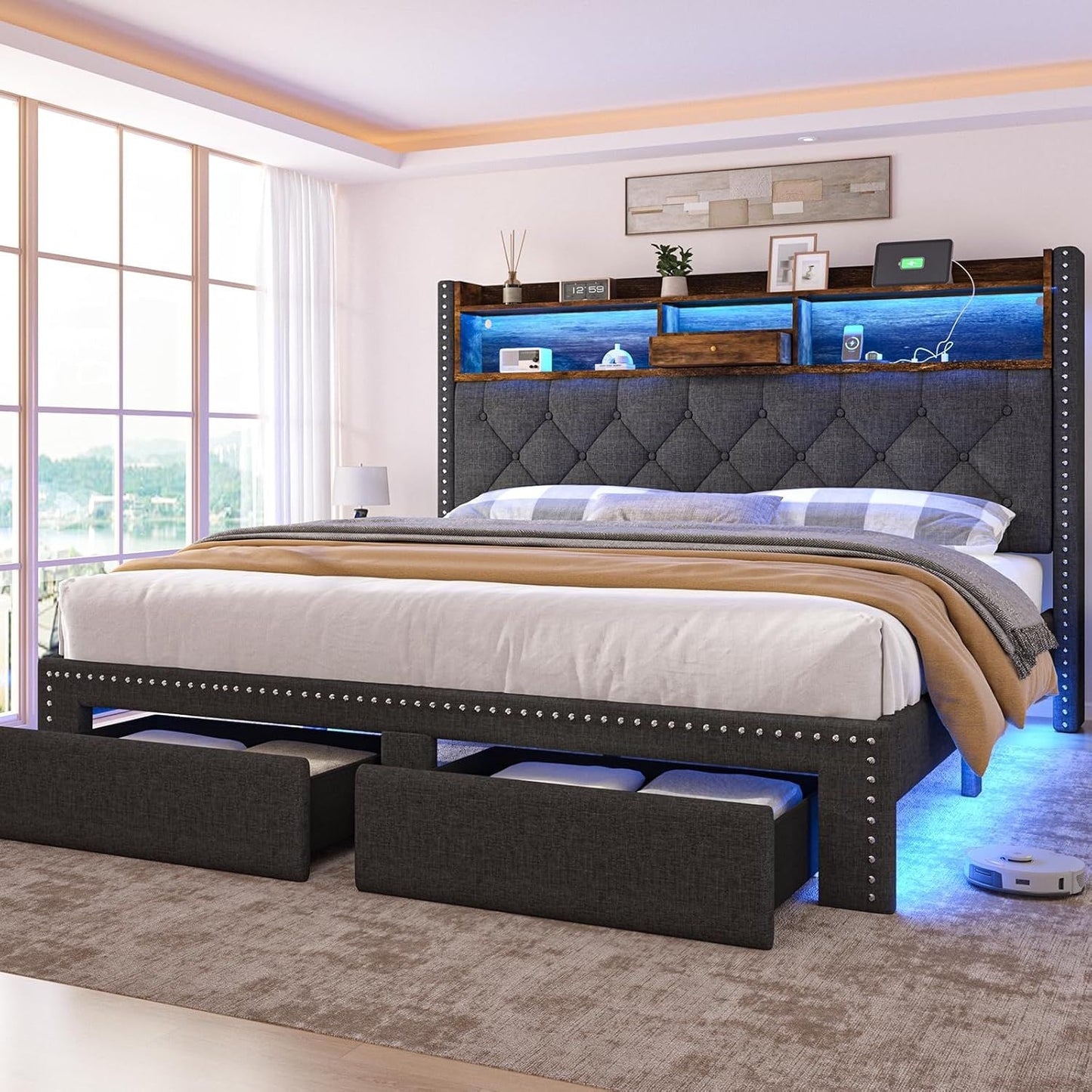 Linen Full Size Bed Frame with 2-Tier Storage Headboard and Charging Station, Upholstered Platform Bed Frames with 2 Sto