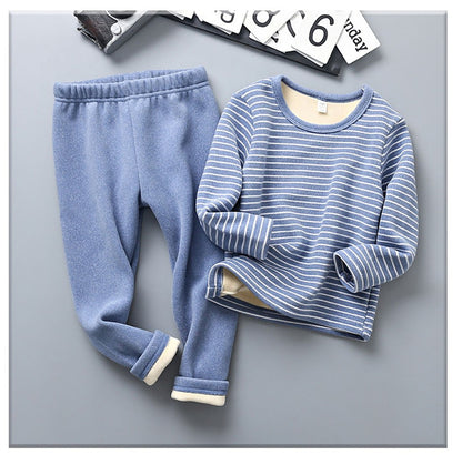 Autumn Winter Boys Girls Plush Striped Clothing Set Kids Cozy and Warm Sleepwear Pajamas Suitable for Children Daily Wear