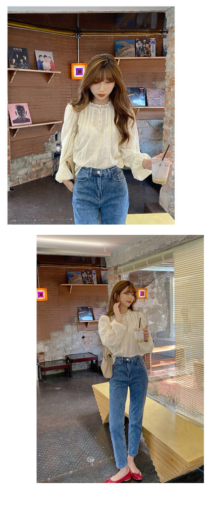 Autumn Lcae Embroidery Long Sleeve Women Blouses Office Lady ELegant Casual Button Shirts Sweet Clothing