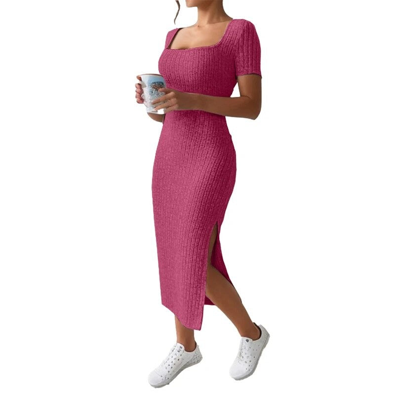 Summer Square Neck, Hip-Hugging Mid-Length Skirt, Short-Sleeved, Versatile Knitt