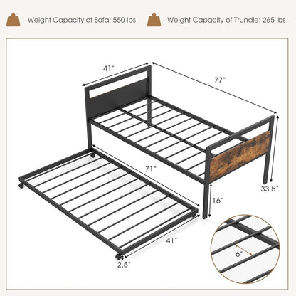 Daybed de Metal com Cama Auxiliar, Cama Auxiliar de Solteiro com Suporte de Metal e Cabeceira de Madeira Rústica, Cama de Dia Economizadora de Espaço