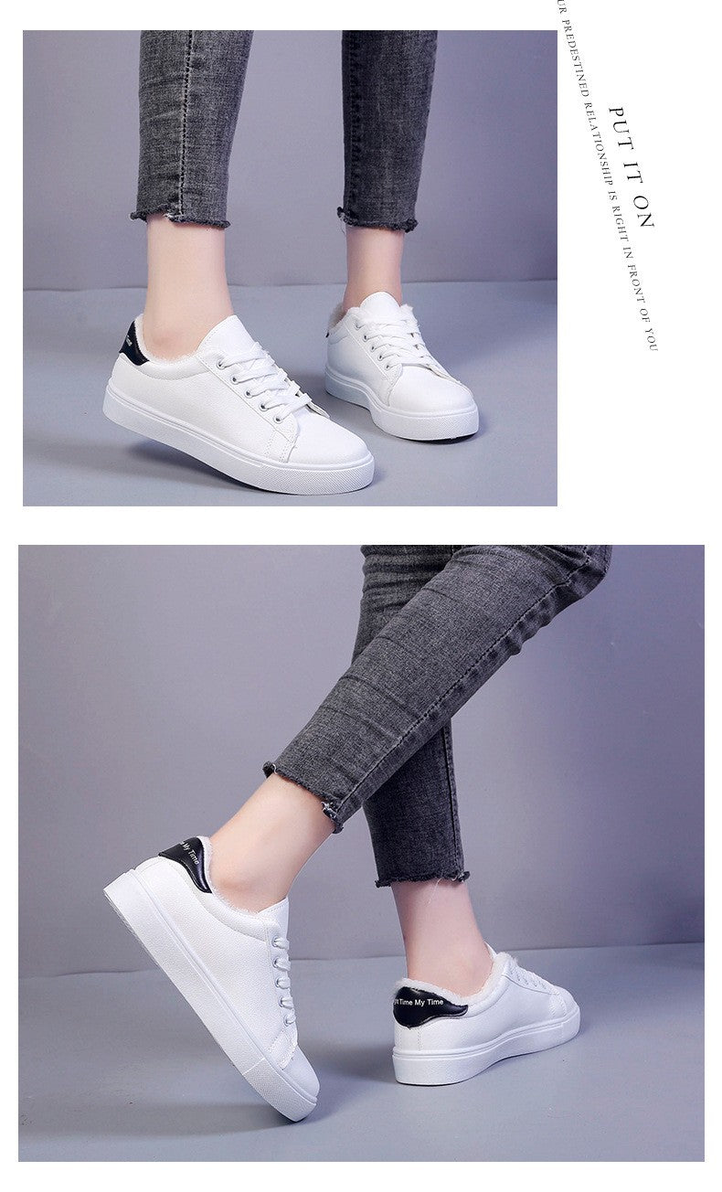 Tênis Feminino de Inverno, Quente, Pelúcia, Sola Vulcanizada, Plataforma, Algodão, Cadarço, Branco, Com Pelúcia, Casual