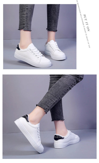 Tênis Feminino de Inverno, Quente, Pelúcia, Sola Vulcanizada, Plataforma, Algodão, Cadarço, Branco, Com Pelúcia, Casual
