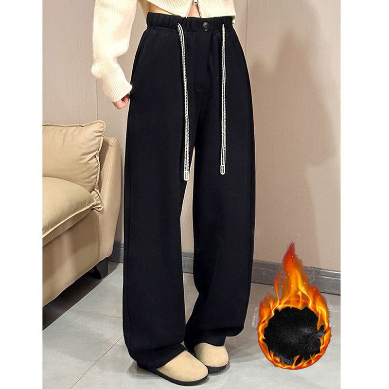 Winter Women Streetwear Baggy Fleece Pants Lady High Waist Snow Warm Plush Trousers Girls Slim Fit Daily Thermal Pants